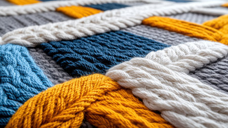 A colorful patchwork quilt made of yarn. The colors are blue, white, and yellowの素材