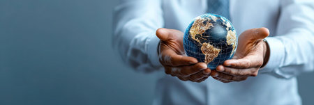 A man is holding a globe in his hands. The globe is surrounded by a network of lines, which suggests that it is a computer-generated image. Concept of technology and innovationの素材