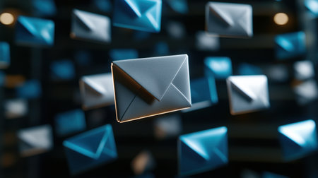 A bunch of envelopes are flying through the air. The envelopes are all different sizes and colors, and they are scattered all over the image. The scene gives off a sense of chaos and disorganizationの素材