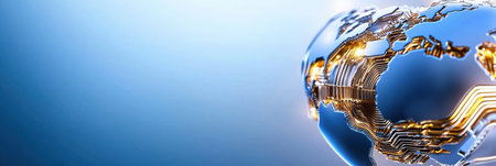 A globe with a blue background and a silver and gold design.の素材