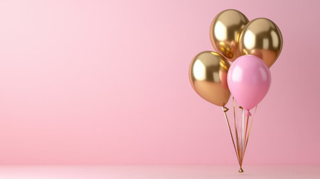 A pink and gold balloon bouquet with a pink balloon in the middle. The pink balloon is surrounded by four gold balloons. The image has a celebratory and festive moodの素材