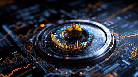 A computer screen with a large circle of numbers and lines. The circle is surrounded by a black borderの素材