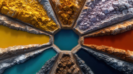A colorful mosaic of rocks and stones with a blue center. The colors are yellow, orange, red, green, and blueの素材