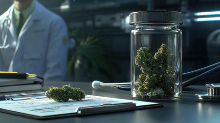A doctor is sitting at a desk with a jar of marijuana on it. The jar is half full and the marijuana is in the middle of the jarの素材