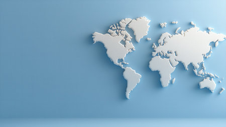 A white and blue world map with the continents of North America, Europe, Asia, Africa, and Australiaの素材