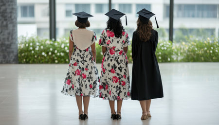 Three women in graduation gowns stand in front of a window. The women are wearing different colored gowns, but they all have the same design. Scene is celebratory and happyの素材