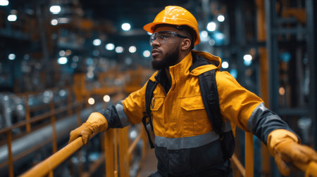 A man in a yellow jacket and safety gear stands on a railing. He is wearing a hard hat and safety glassesの素材