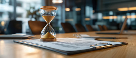 A glass hourglass sits on a desk with a piece of paper. The hourglass is empty, and the paper is filled with writing. The scene suggests a sense of urgency or a deadlineの素材