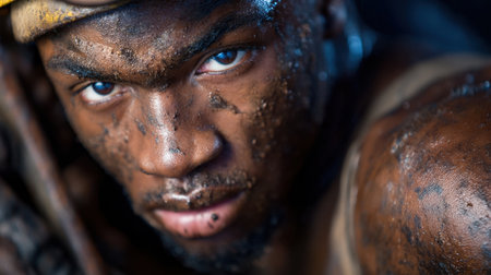 A man with a blue eye stares at the camera. He has a dirty face and is wearing a yellow hatの素材