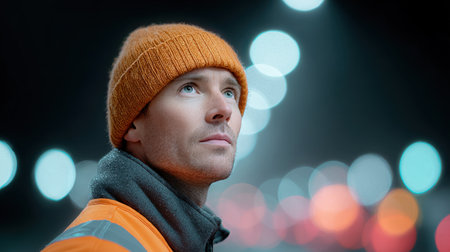 A man wearing an orange hat and a reflective vest is looking up at the sky. The scene is set at night, and the man is waiting for somethingの素材