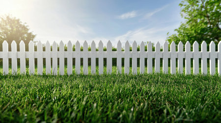 A white picket fence with a blue sky in the background. The fence is empty and the grass is greenの素材
