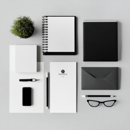 A collection of office supplies, including a cell phone, a notebook, a pen, a pair of glasses, and a potted plant. The arrangement of these items suggests a professional and organized workspaceの素材