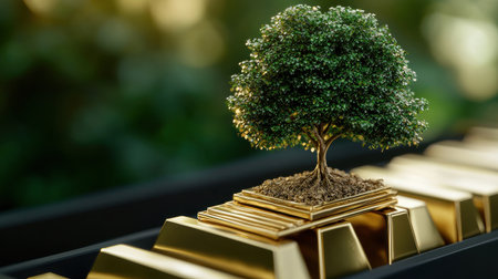 A tree is growing on top of a stack of gold keys. Concept of growth and prosperity, as the tree represents life and the keys represent wealth. The combination of the two elements creates a uniqueの素材