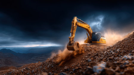 A large yellow excavator is digging into a hillside. The sky is dark and cloudy, and the scene is set against a backdrop of mountains. Scene is one of hard work and determinationの素材
