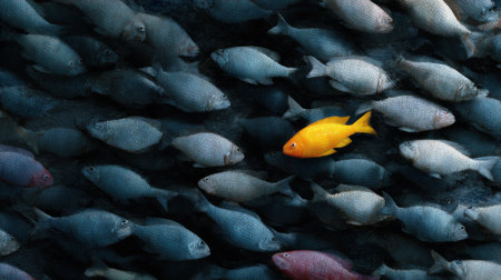 A school of fish with a single yellow fish swimming in the middle. The fish are all different colors and sizesの素材