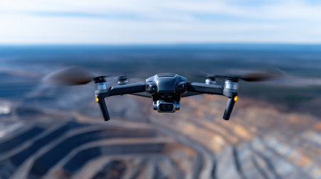 A drone is flying over a large area of land. The drone is black and silver and is flying high in the sky. Concept of freedom and explorationの素材