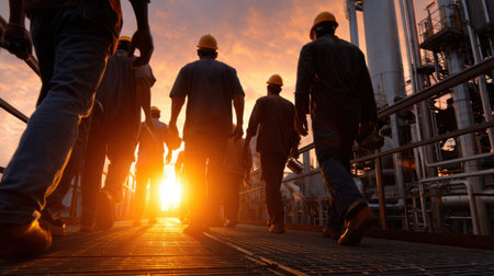 A group of workers are walking on a bridge at sunset. The workers are wearing hard hats and are carrying tools. Scene is serious and focusedの素材