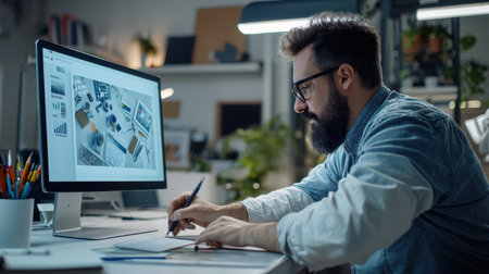 A man is sitting at a desk with a computer monitor and a pen. He is working on a design project, possibly creating a logo or a piece of artworkの素材