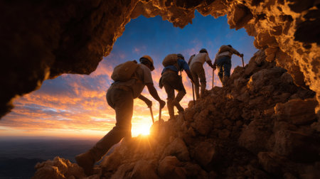 A group of four people are climbing a mountain. The sun is setting in the background, casting a warm glow on the scene. The climbers are wearing backpacks and carrying trekking polesの素材
