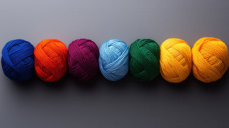 A row of colorful balls of yarn are laid out on a table. The colors include blue, green, yellow, red, and purple. The arrangement of the balls creates a visually appealing and vibrant displayの素材
