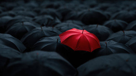A red umbrella is the only one in a sea of black umbrellas. Concept of loneliness and isolation, as the lone red umbrella stands out against the dark backgroundの素材