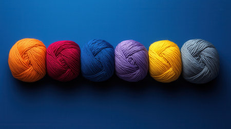 A row of colorful balls of yarn on a blue background. The colors are red, yellow, green, purple, orange, and blueの素材