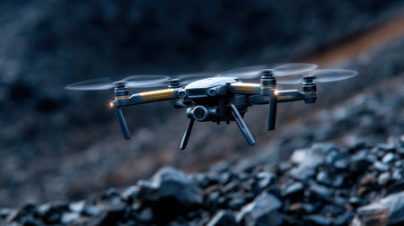A drone is flying over a rocky area. The drone is black and yellow. The drone is flying high in the airの素材