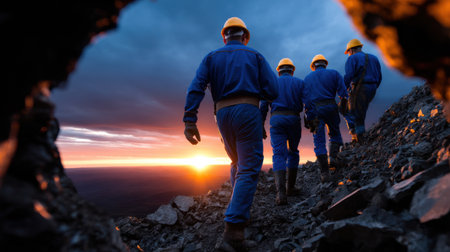 A group of men in blue work clothes are walking up a rocky hill. The sun is setting in the background, casting a warm glow over the scene. Scene is one of hard work and determinationの素材