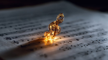 A small, glowing musical note sits on top of a sheet of music. The note is surrounded by a glowing light, which creates a warm and inviting atmosphere. Concept of creativity and inspirationの素材