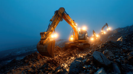 A large construction vehicle is digging into the ground. The scene is dark and the vehicle is surrounded by rocksの素材