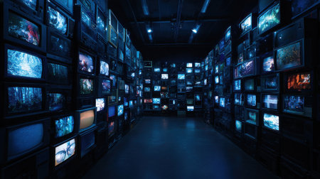 A room full of televisions with a dark blue background. The televisions are all turned on and show different images. The room has a futuristic and industrial feel to itの素材