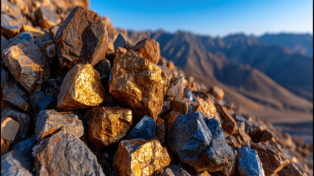 A pile of rocks with gold and blue stones. The rocks are scattered and piled up in a mountain rangeの素材