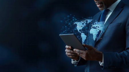 A man is holding a tablet in his hand while wearing a suit. The tablet is displaying a map of the world. Concept of modern technology and globalizationの素材