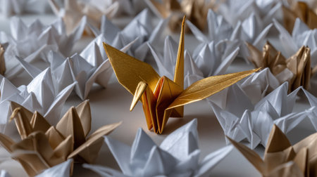 A lone origami bird stands out among a sea of paper cranes. Concept of solitude and individuality, as the bird stands out from the crowd. The gold color of the bird adds a touch of eleganceの素材