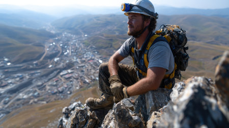 A man in a yellow and black backpack sits on a rocky mountain top. He is wearing a hard hat and a yellow vest. The man is looking out over a city below, taking in the viewの素材
