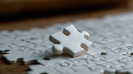 A white puzzle piece is missing from a puzzle. Concept of completion and satisfaction, as the missing piece is the final piece needed to complete the puzzleの素材