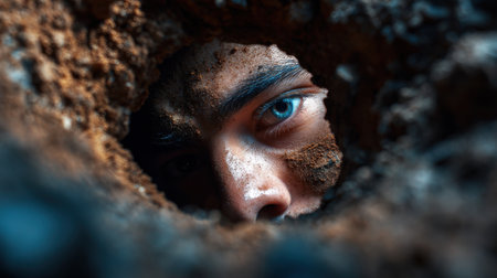 A man's face is shown through a hole in the ground. The man's eyes are open and staring out of the hole. Concept of curiosity and intrigueの素材