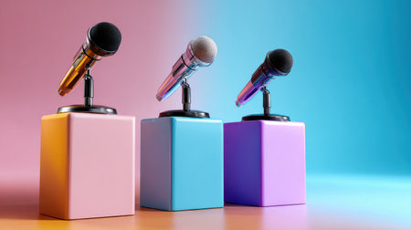 Three microphones are on a pink, blue, and purple cube. The microphones are of different colors and sizes. The cube is placed on a table, and the microphones are arranged in a rowの素材