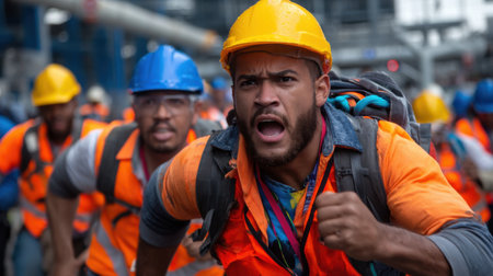 A group of construction workers wearing orange vests and hard hats are running. One of the workers is yellingの素材
