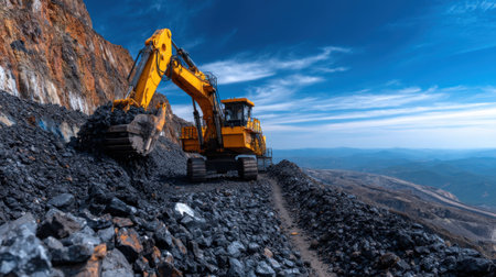 A large yellow excavator is digging into a hillside. The sky is clear and the mountains in the background are visibleの素材