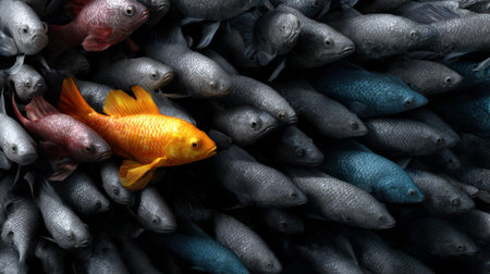 A school of fish with one fish that is orange. The fish is the only one that is not blue or grayの素材
