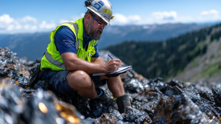 A man in a yellow vest is writing in a notebook while sitting on a rocky mountain. Concept of solitude and contemplation, as the man is alone in a remote location, surrounded by natureの素材