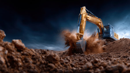 A large construction machine is digging into the ground, creating a cloud of dust. Concept of hard work and determination, as the machine is working to clear the area and make way for new constructionの素材