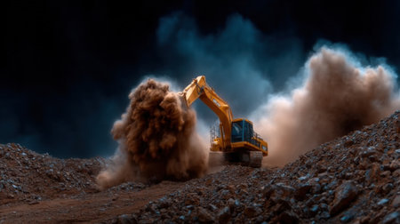 A yellow excavator is digging into the ground, creating a cloud of dust. The scene is set in a rocky area, with the excavator being the main focus of the image. Scene is one of hard workの素材