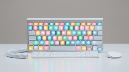 A keyboard with colorful keys is on a table. The keyboard is white and has a mouse next to itの素材