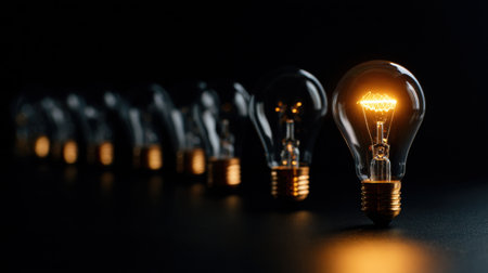 A row of light bulbs with one of them lit up. Concept of illumination and brightnessの素材