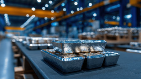 A stack of silver bars are on a conveyor belt. The bars are silver and appear to be of high qualityの素材
