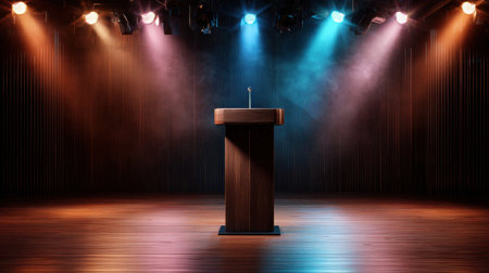 A podium is lit up with colorful lights behind it. Scene is energetic and exciting, as if it is a stage for a performance or a presentationの素材