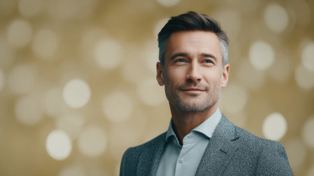 A man in a suit is smiling and looking at the camera. The image has a warm and friendly mood, suggesting that the man is confident and approachableの素材