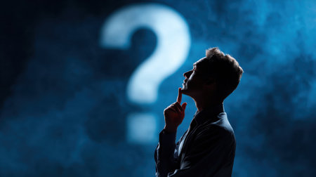 A man is looking at a question mark in the air. He is thinking about the answer to the questionの素材